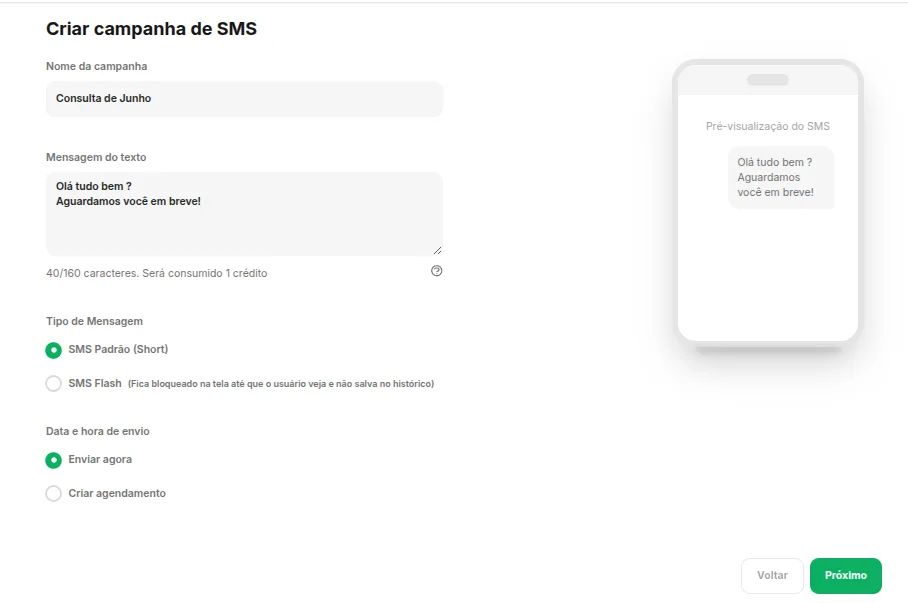 Criação de campanha de SMS na Octor